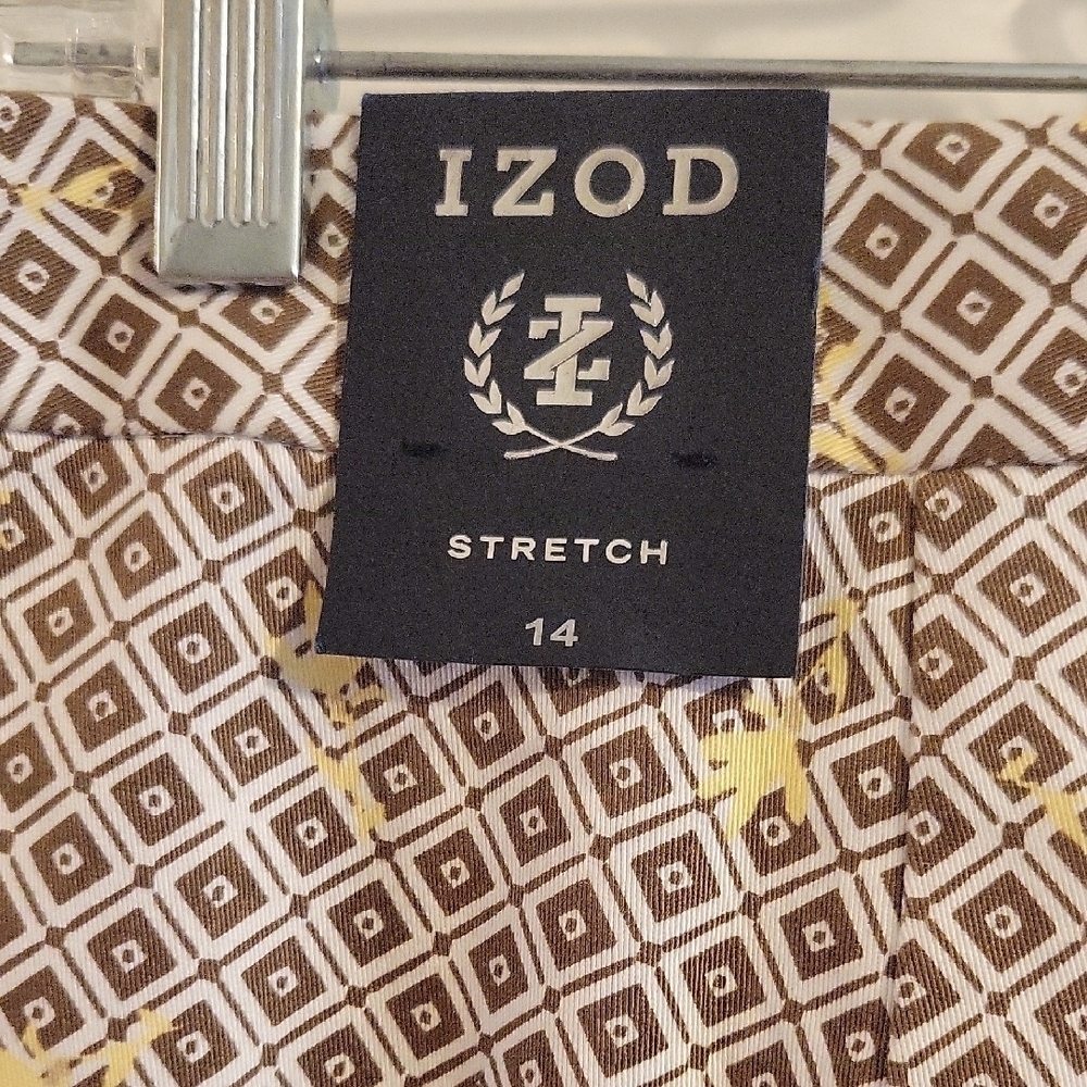 IZOD stretch brown, white Geo Print Crop Pants yellow accent front pockets NWT - Picture 4 of 7